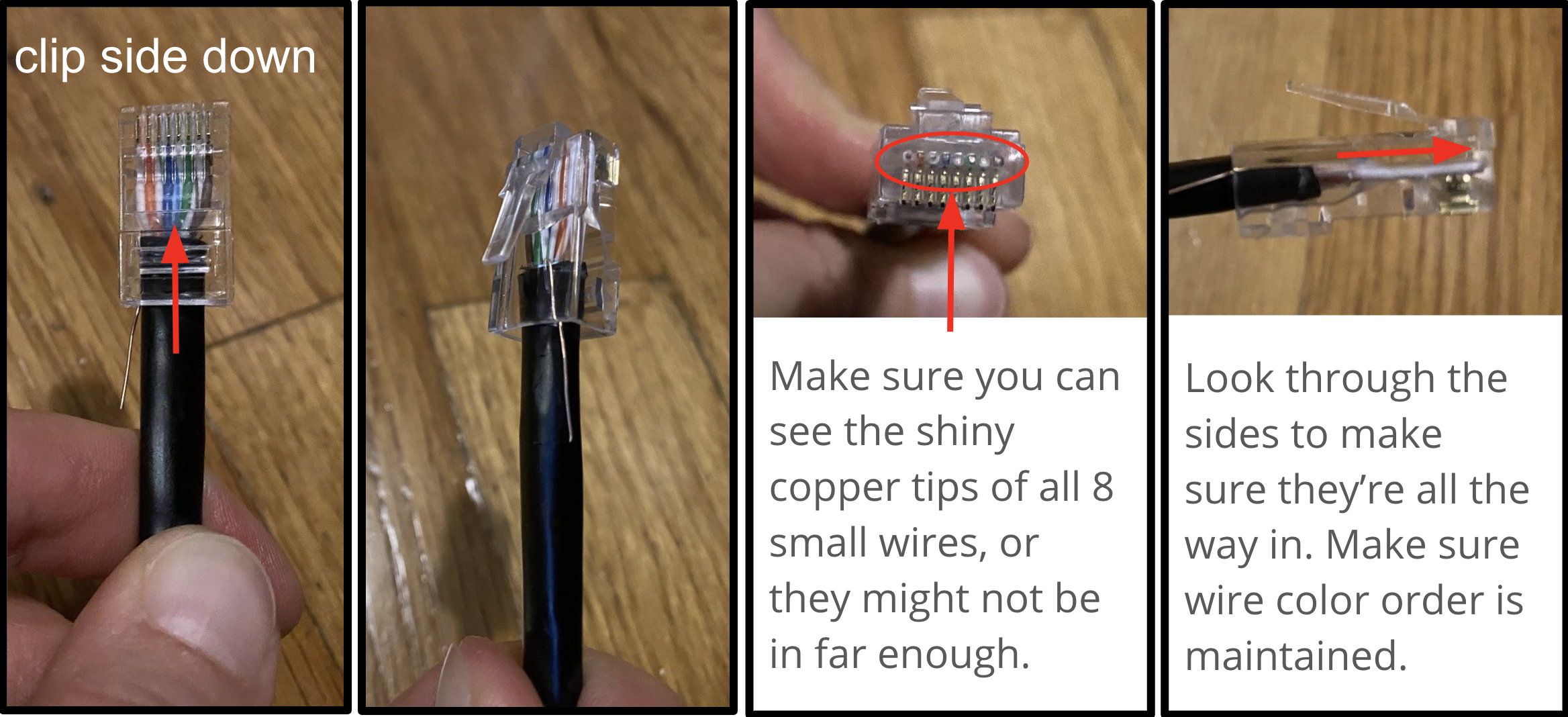 Wires inserted into RJ45 connector with clip-side down